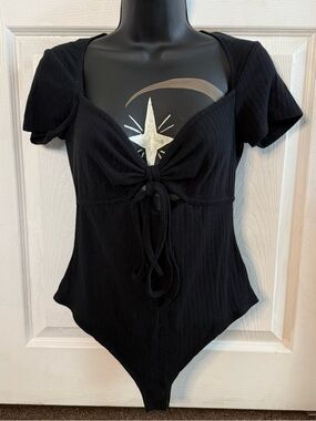 wild fable Black Ribbed Tie-Front Short Sleeve Bodysuit